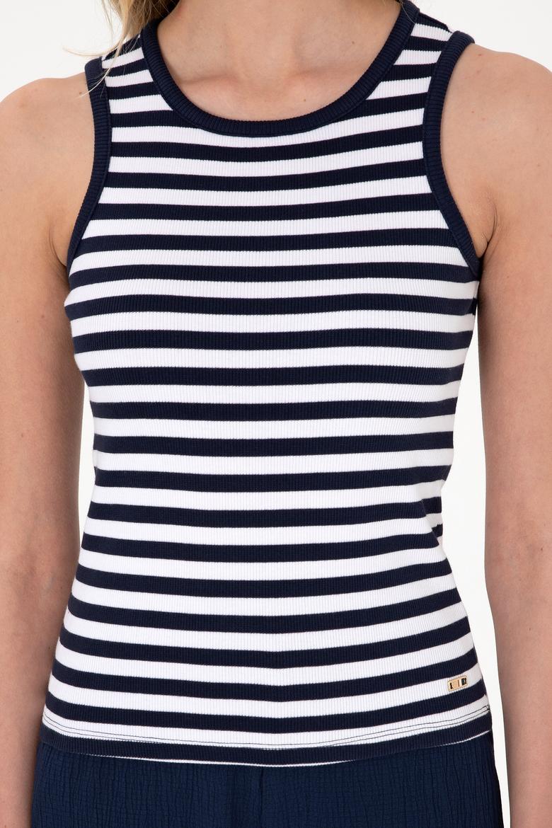 Kadın Lacivert Çizgili Kolsuz Bisiklet Yaka Tişört - 50305900005
