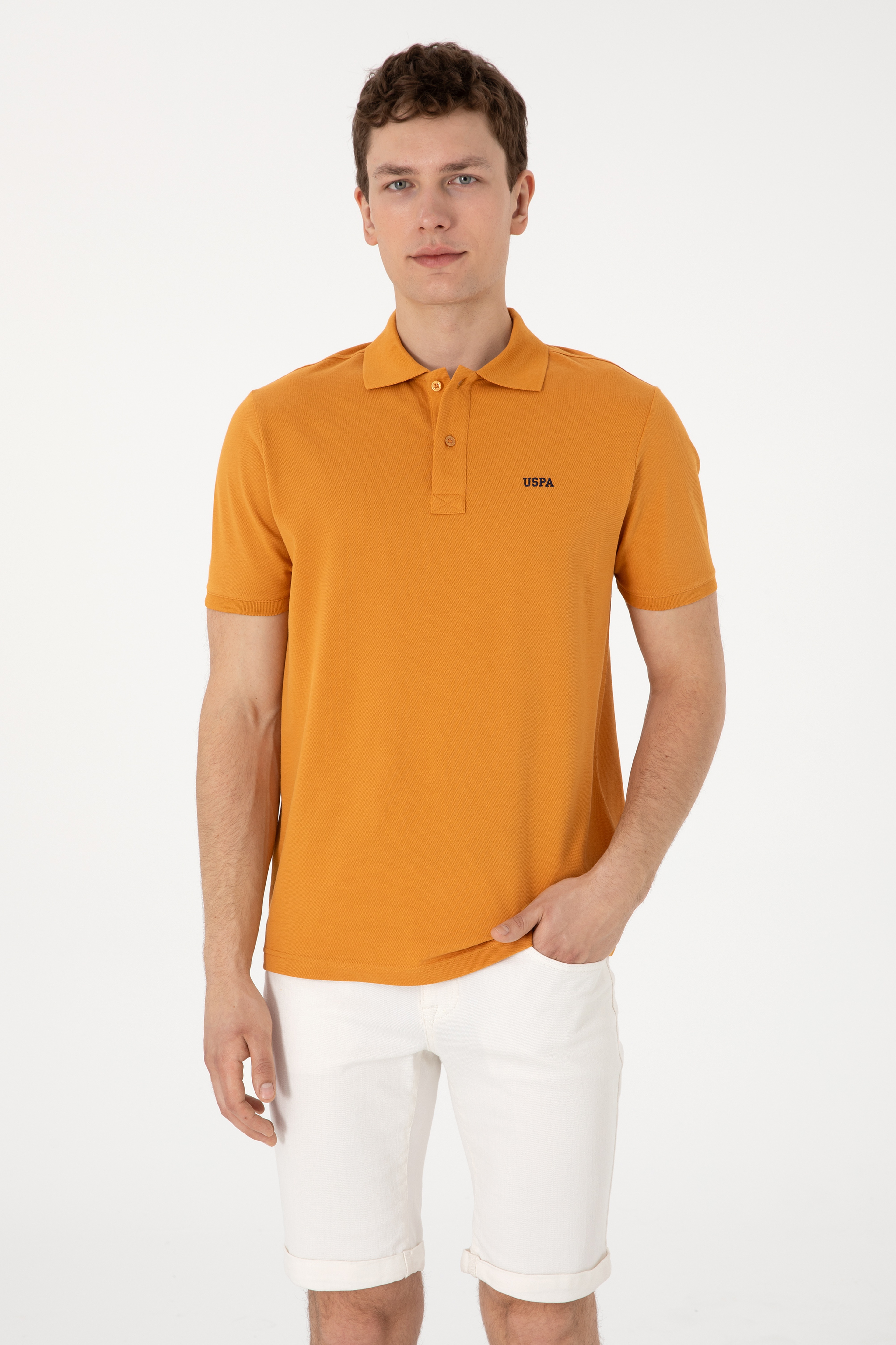 Erkek Regular Fit Polo Yaka Hardal Basic Tişört - Image 1