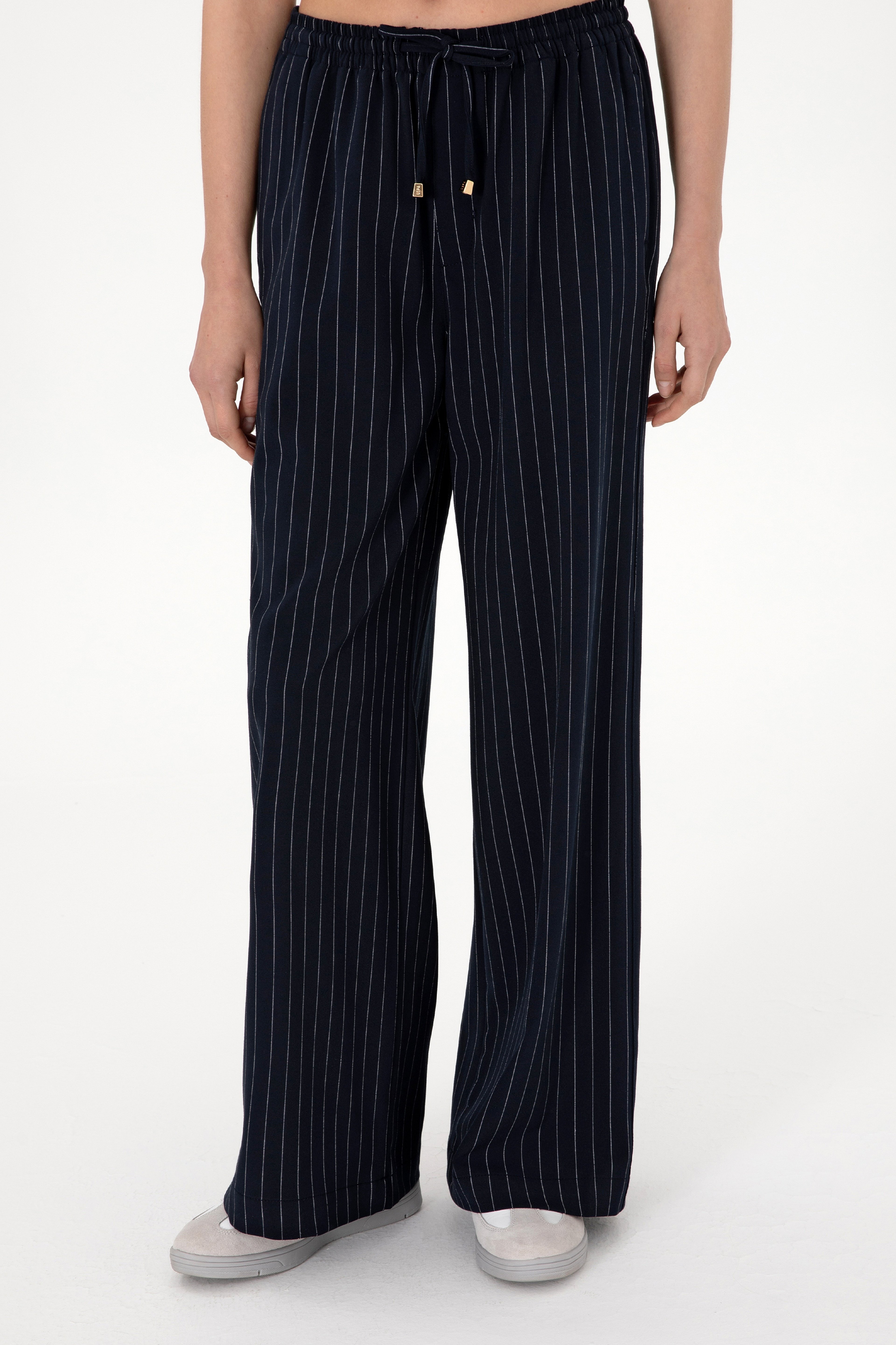 Kadın Lacivert Çizgili Loose Relax Fit Kanvas Pantolon