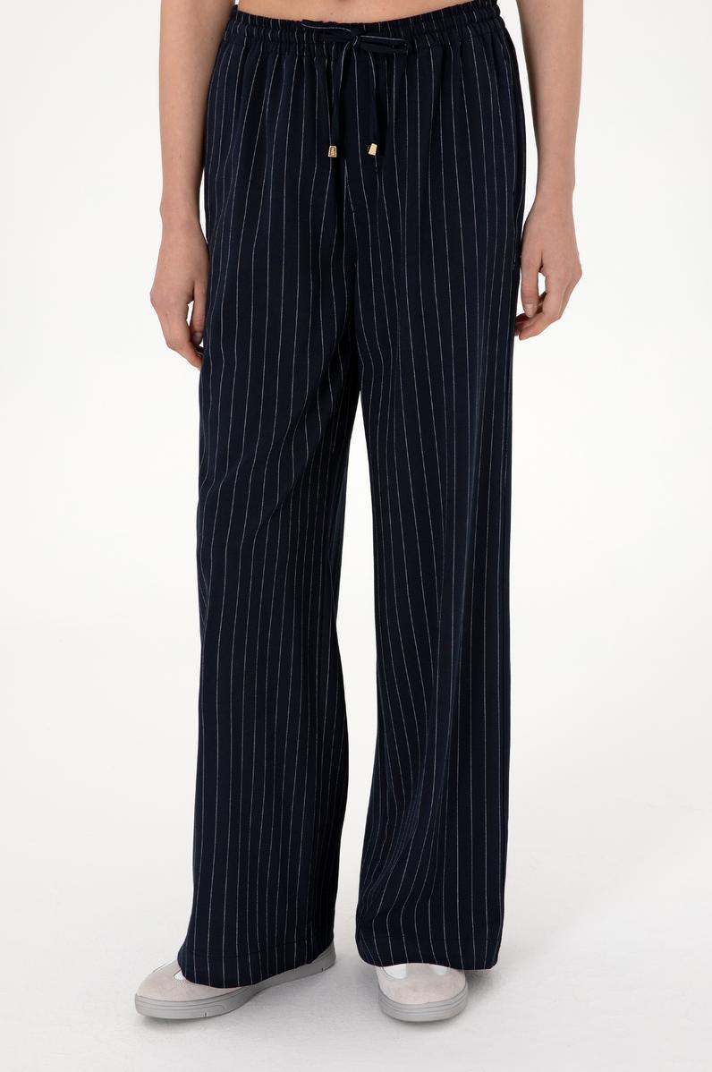 Kadın Lacivert Çizgili Loose Relax Fit Kanvas Pantolon