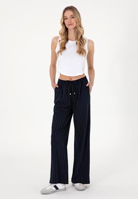 Kadın Lacivert Çizgili Loose Relax Fit Kanvas Pantolon - 50309105005