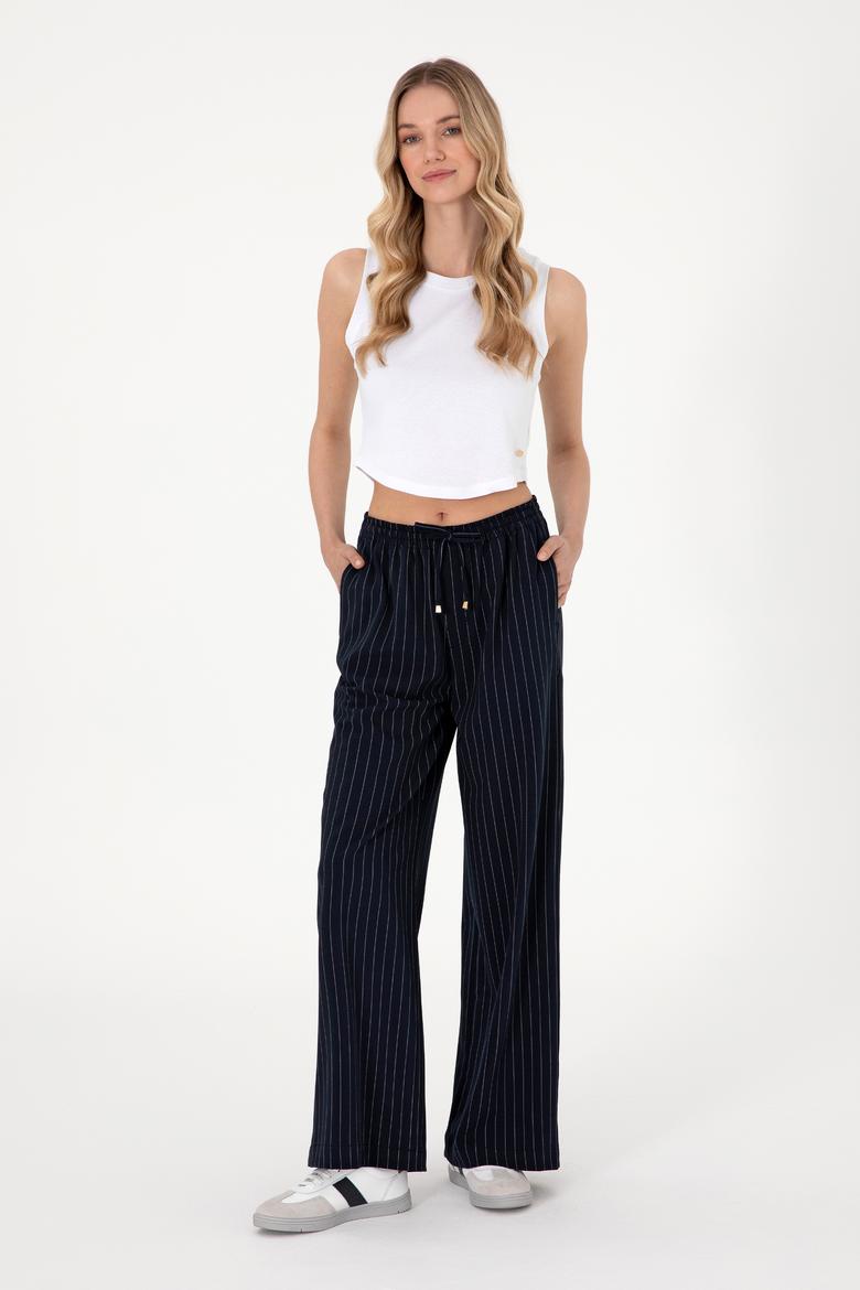 Kadın Lacivert Çizgili Loose Relax Fit Kanvas Pantolon