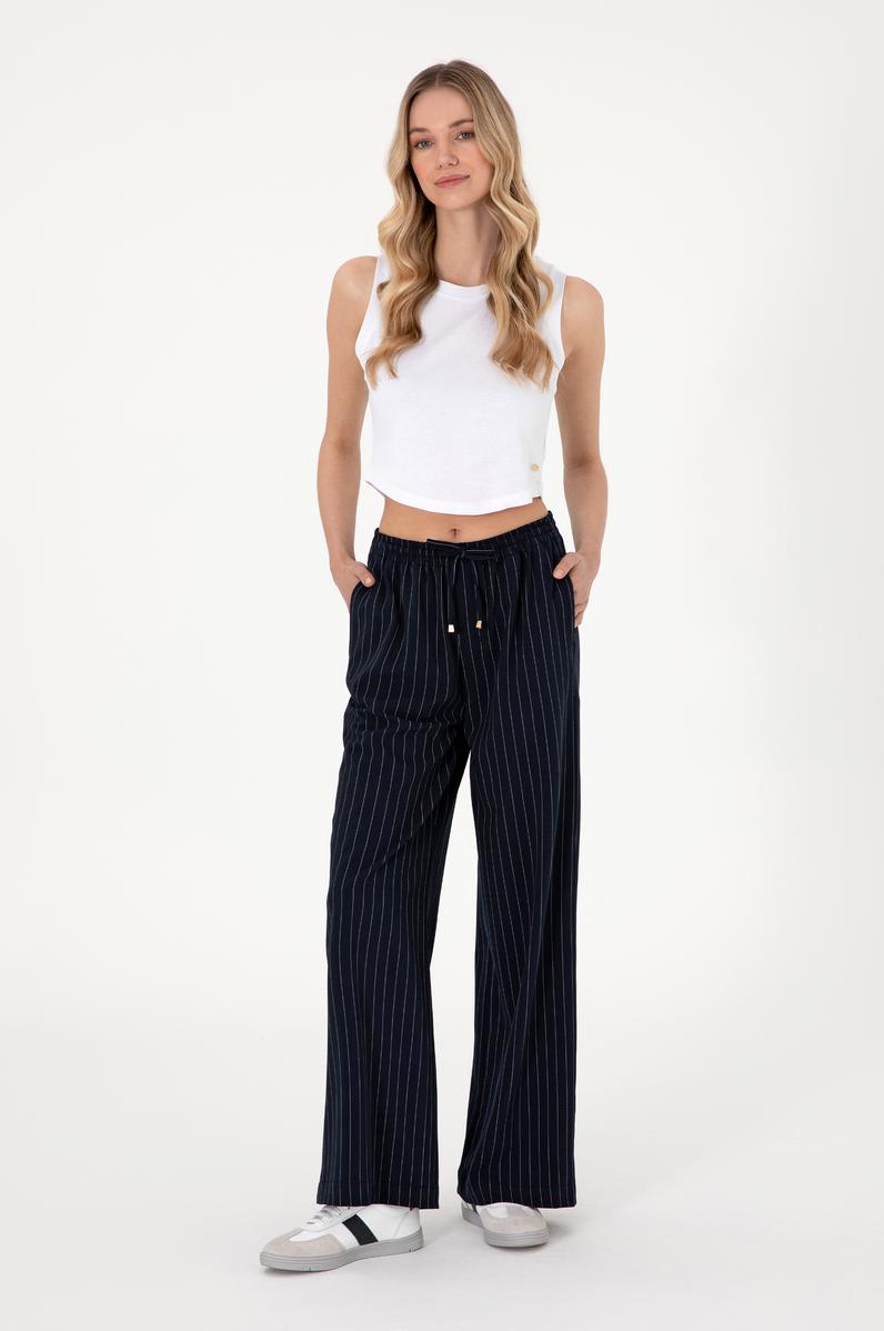 Kadın Lacivert Çizgili Loose Relax Fit Kanvas Pantolon