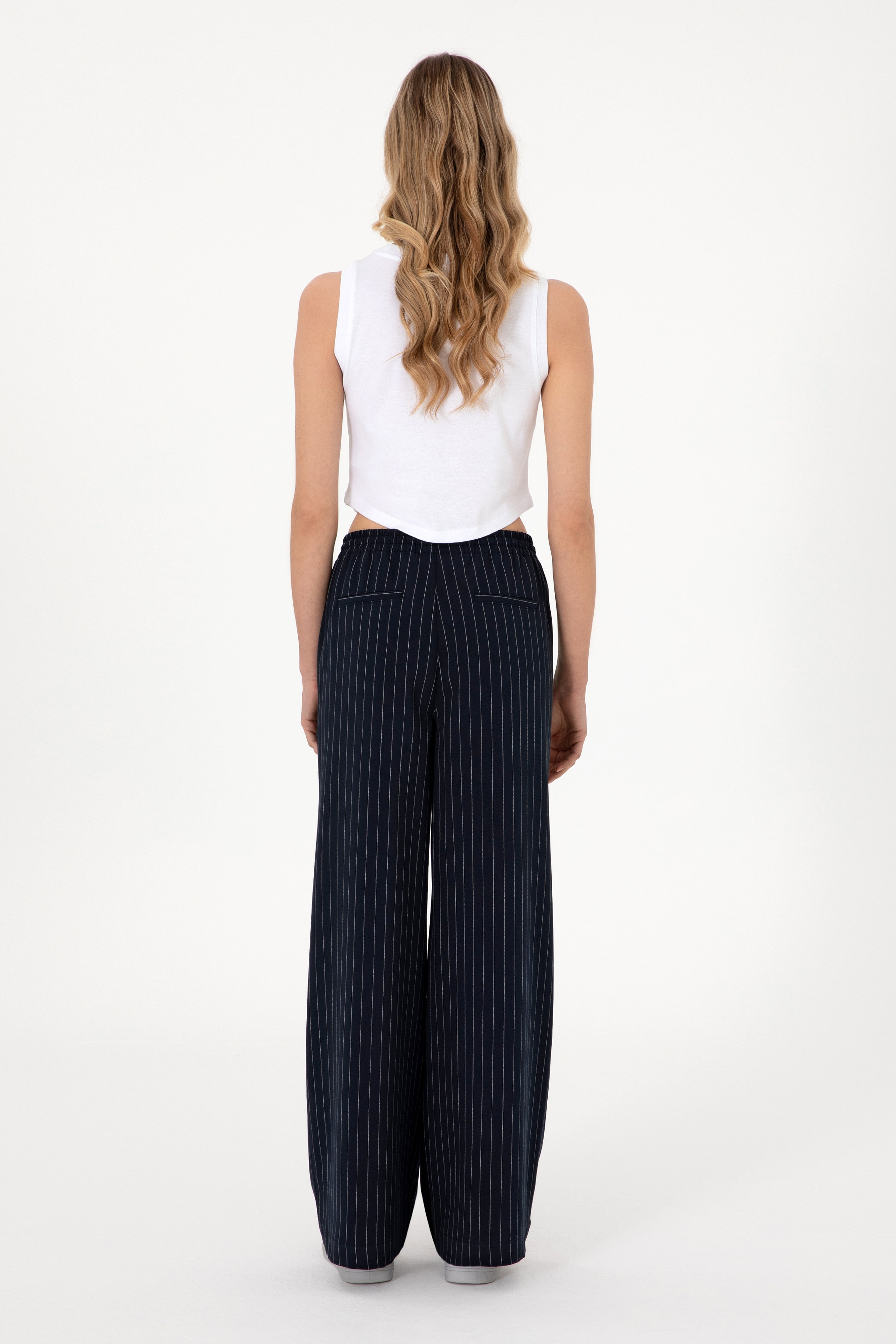 Kadın Lacivert Çizgili Loose Relax Fit Kanvas Pantolon - Image 4