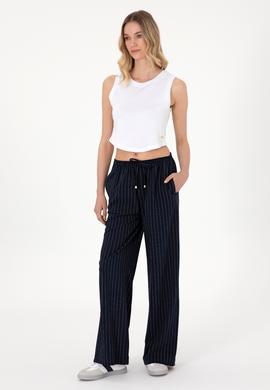 Kadın Lacivert Çizgili Loose Relax Fit Kanvas Pantolon - 50309105005