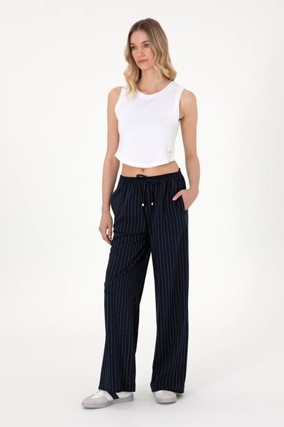 Kadın Lacivert Çizgili Loose Relax Fit Kanvas Pantolon