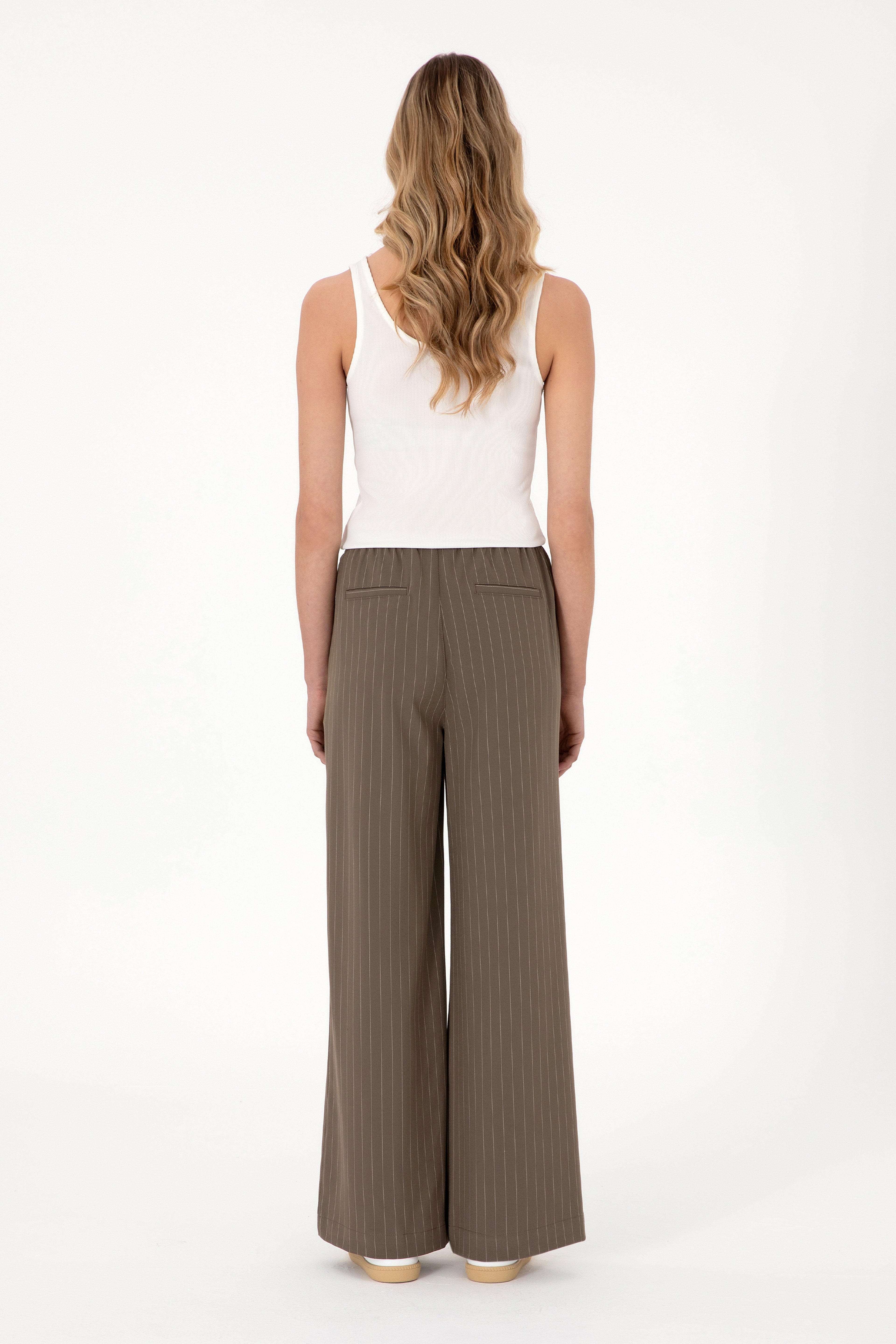 Kadın Vizon Çizgili Loose Relax Fit Kanvas Pantolon - Image 4