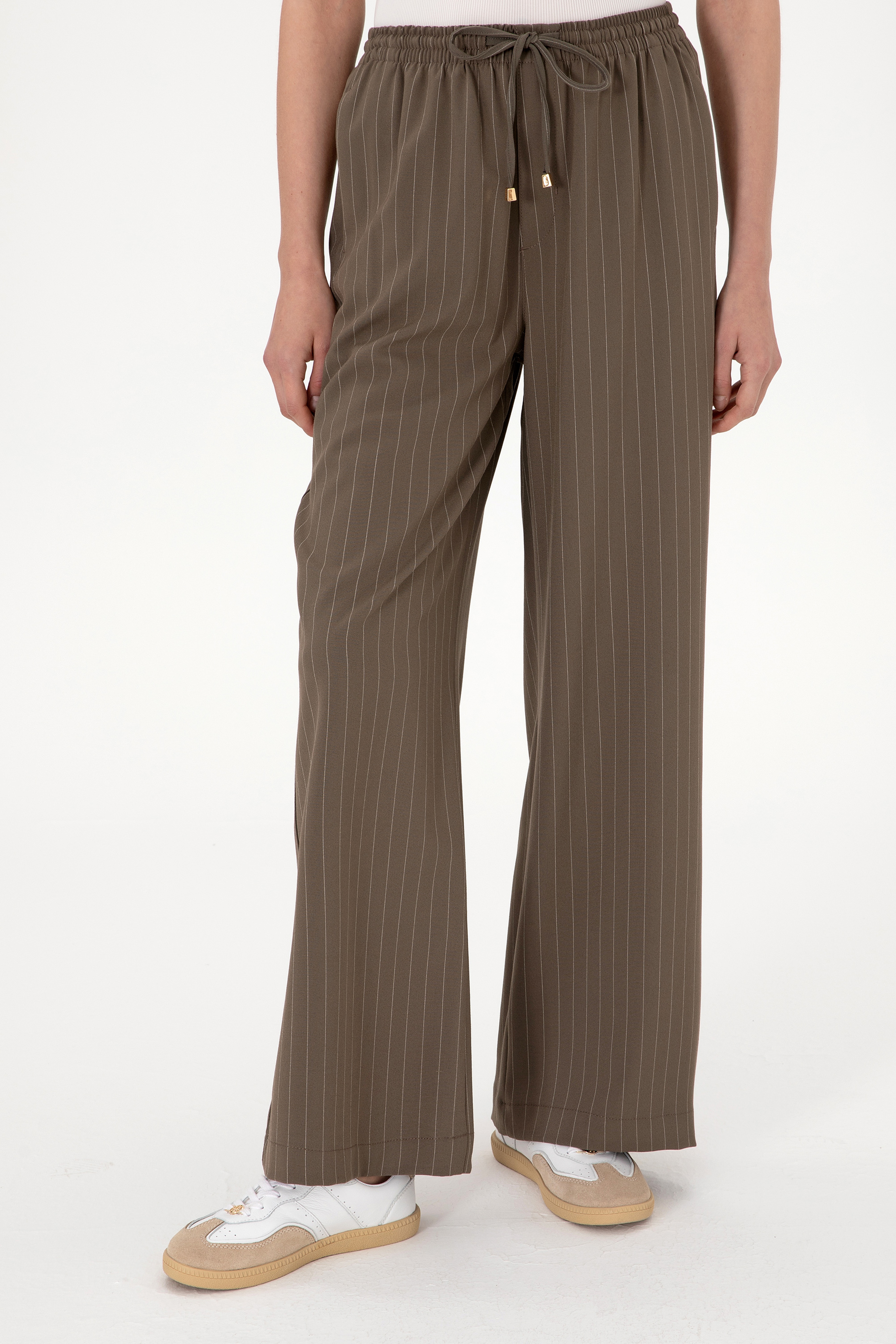 Kadın Vizon Çizgili Loose Relax Fit Kanvas Pantolon