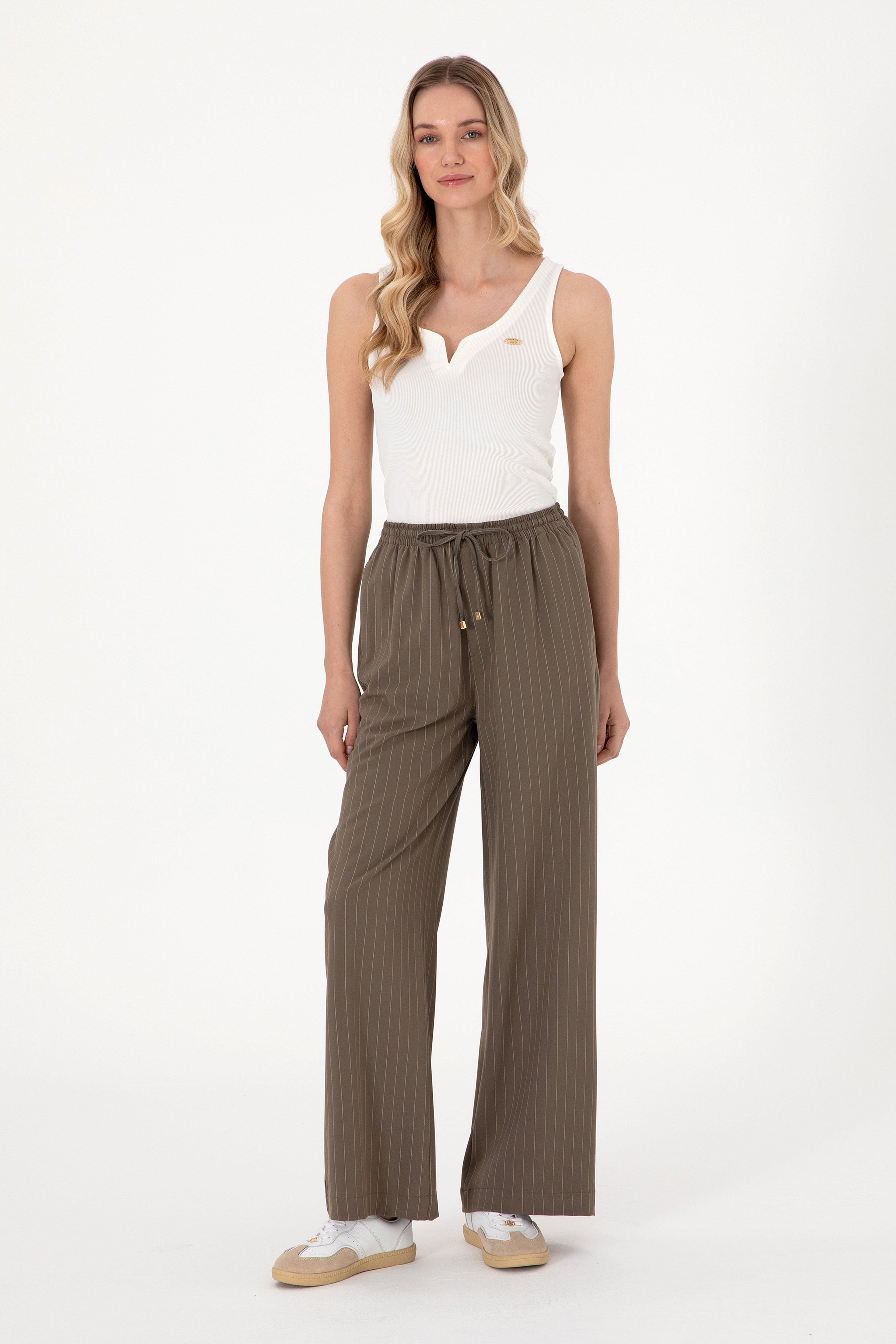 Kadın Vizon Çizgili Loose Relax Fit Kanvas Pantolon - Image 1