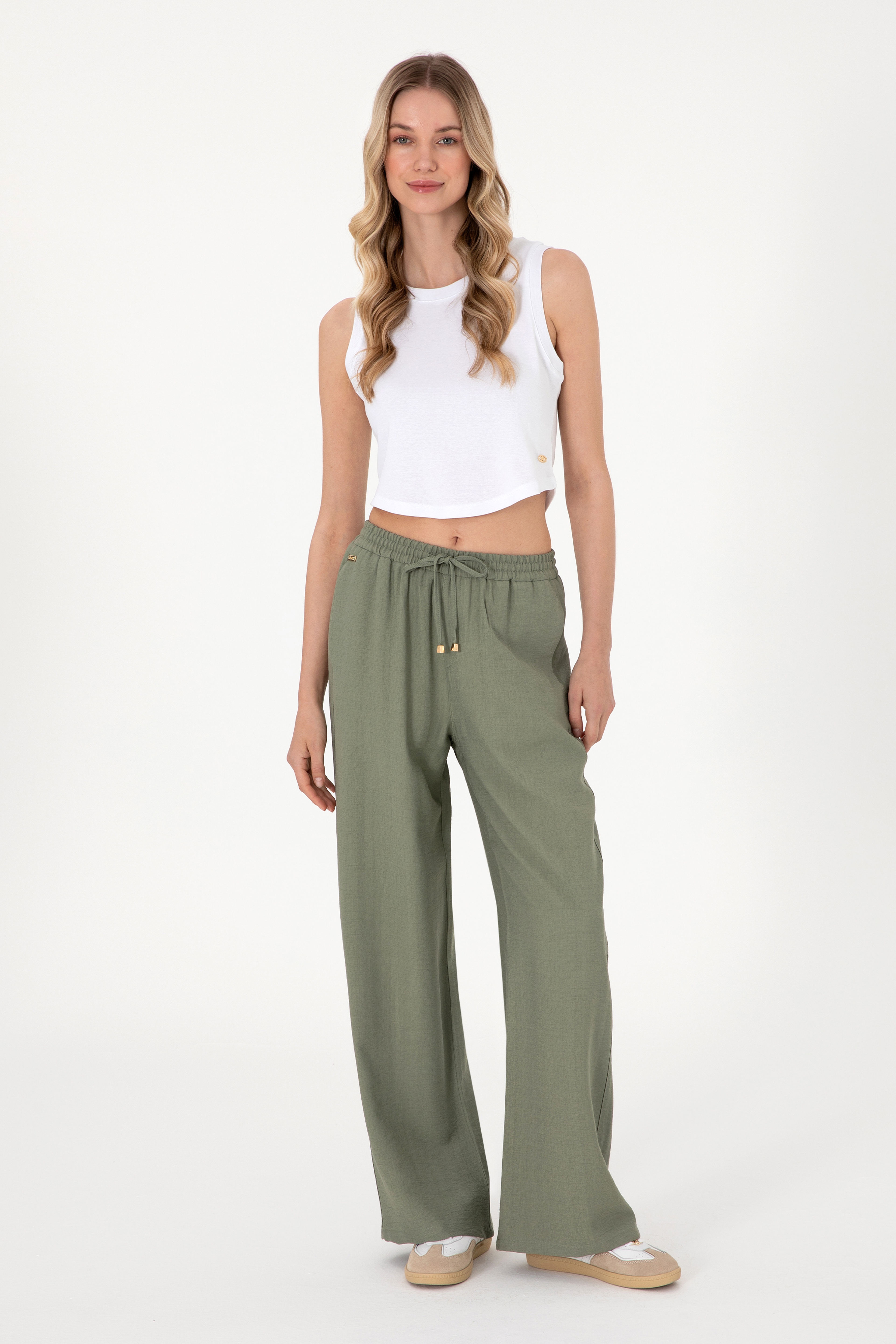 Kadın Koyu Haki Loose Relax Fit Kanvas Pantolon - Image 1