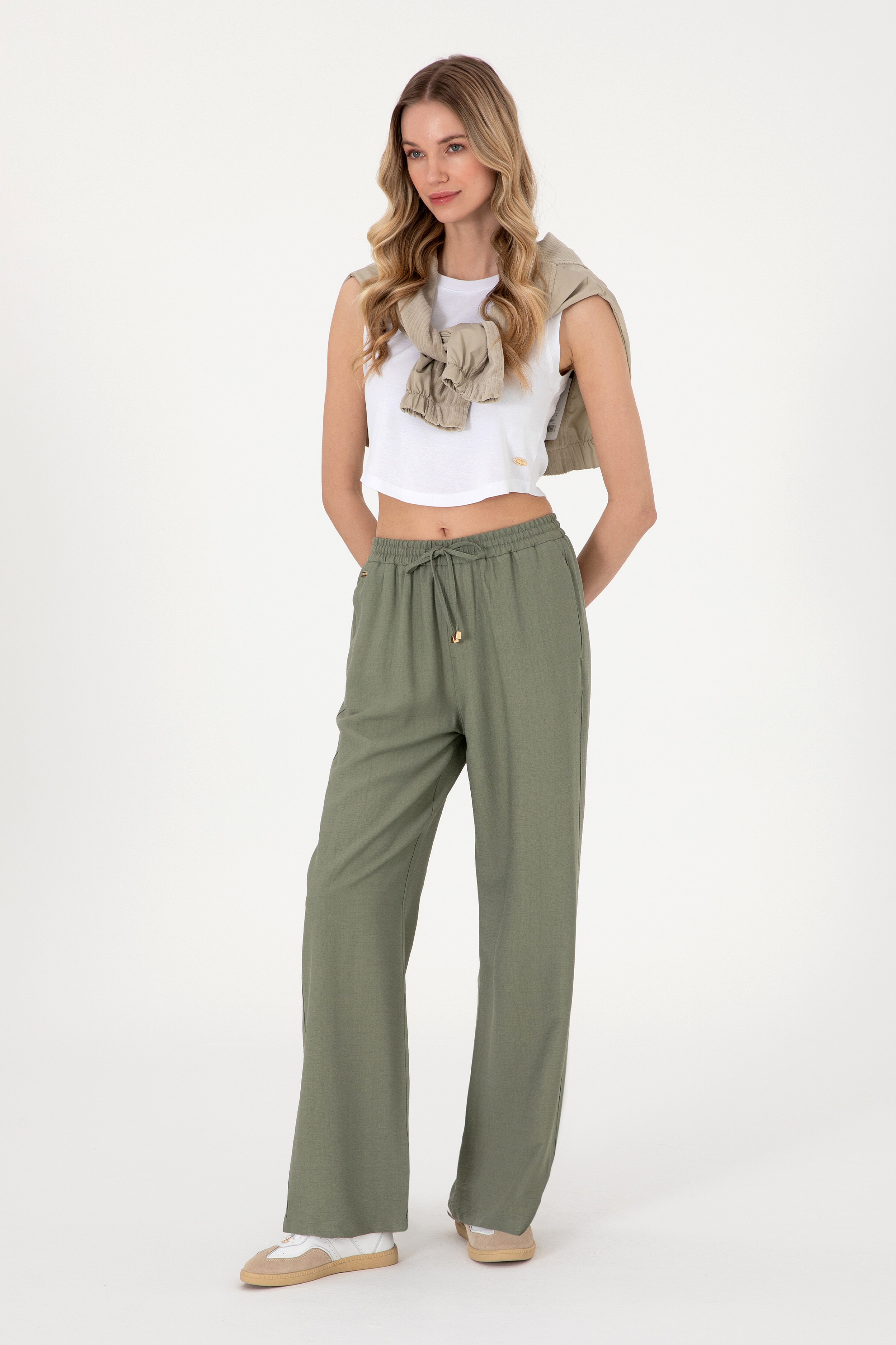 Kadın Koyu Haki Loose Relax Fit Kanvas Pantolon