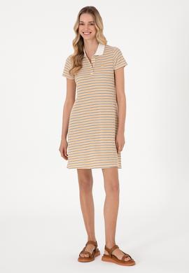 Kadın Turuncu Çizgili Polo Yaka Mini Boy Örme Elbise - 50300639026