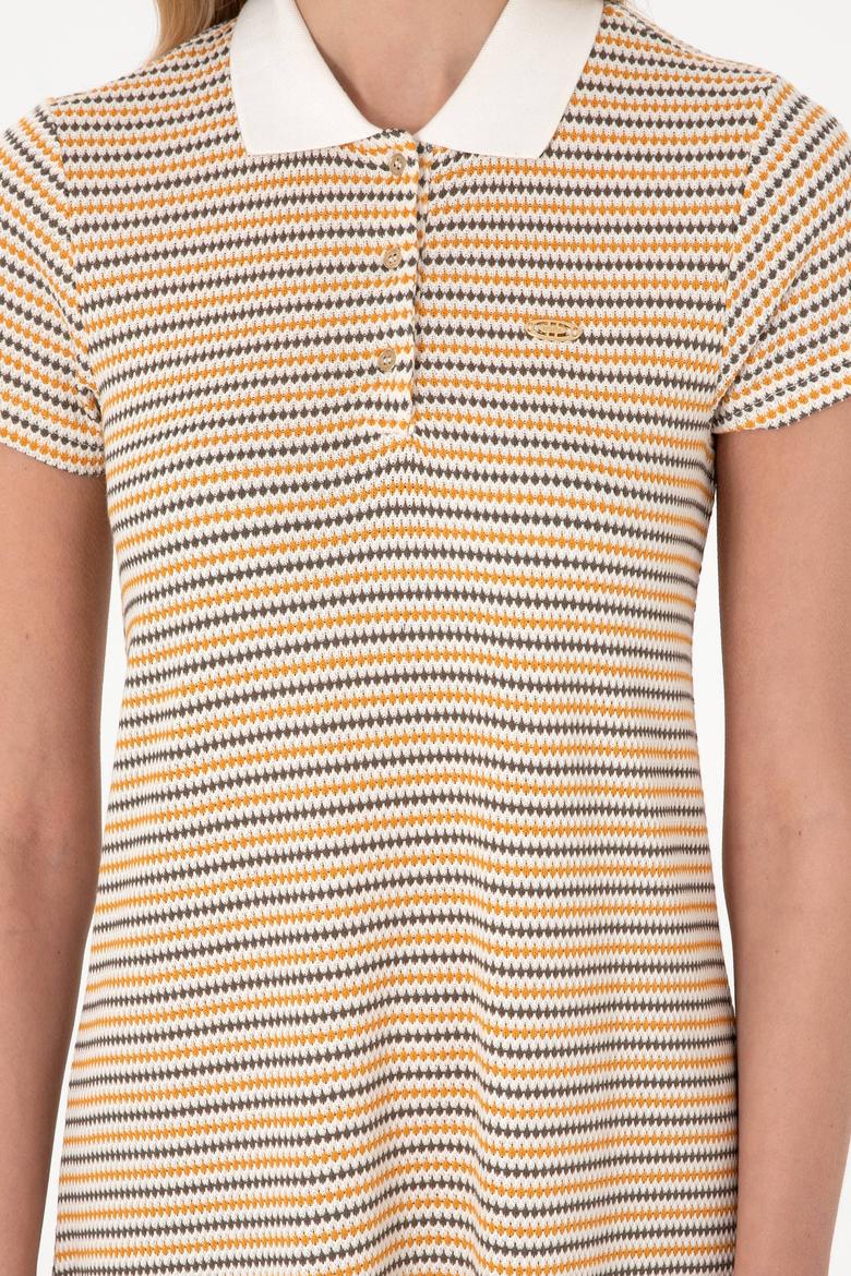 Kadın Turuncu Çizgili Polo Yaka Mini Boy Örme Elbise - 50300639026