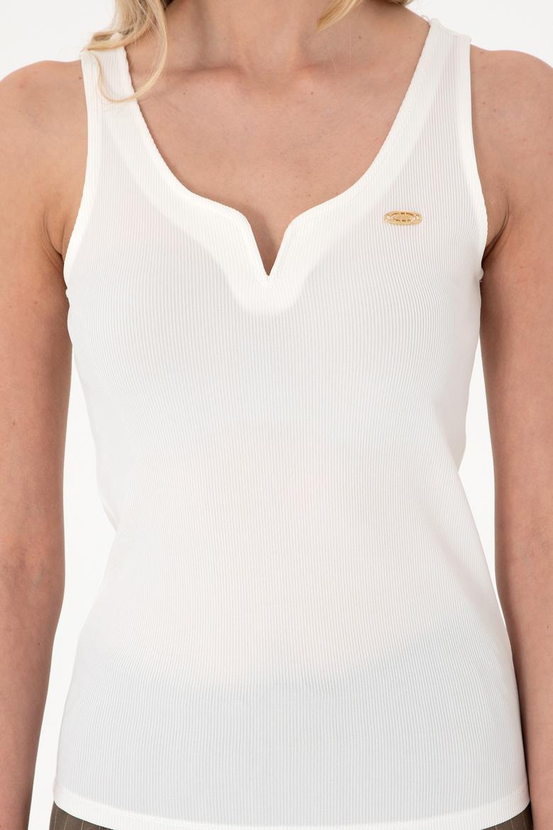 Kadın Ekru Kolsuz V Yaka Tişört - 50300670015