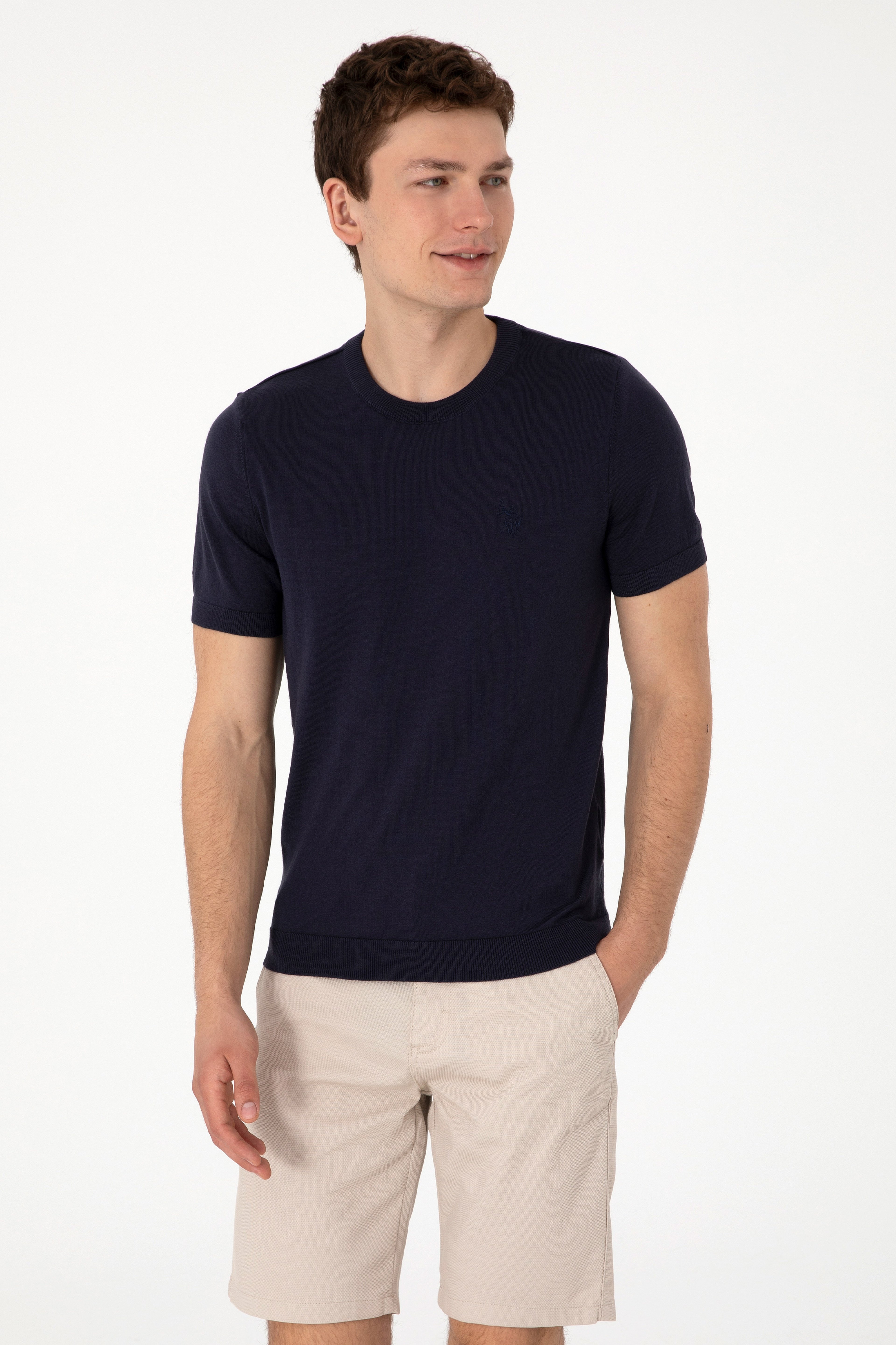 Erkek Slim Fit Bisiklet Yaka Lacivert Kazak - Image 1