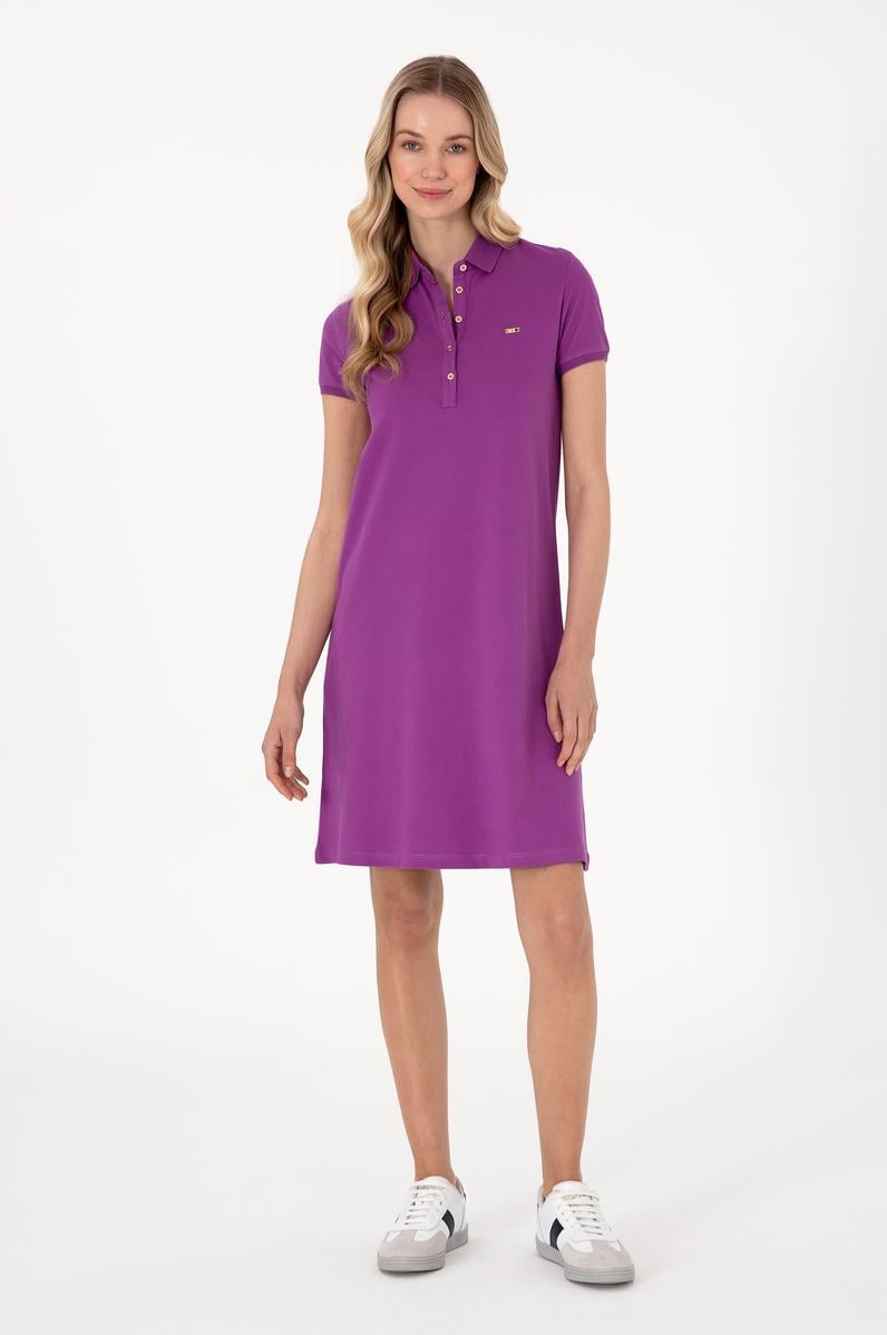 Kadın Menekşe Polo Yaka Mini Boy Örme Elbise