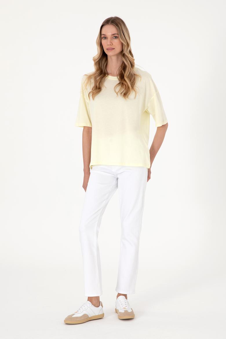 Kadın Limon Oversize Bisiklet Yaka Tişört - 50305775036