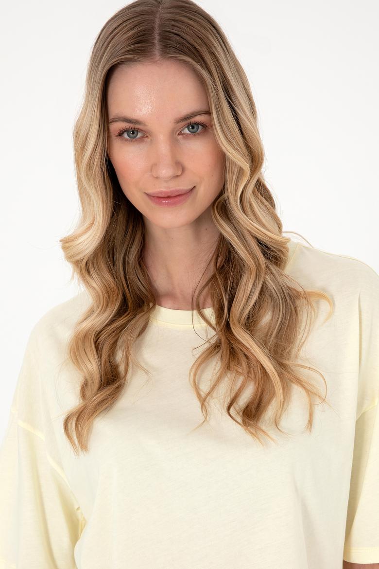 Kadın Limon Oversize Bisiklet Yaka Tişört - 50305775036