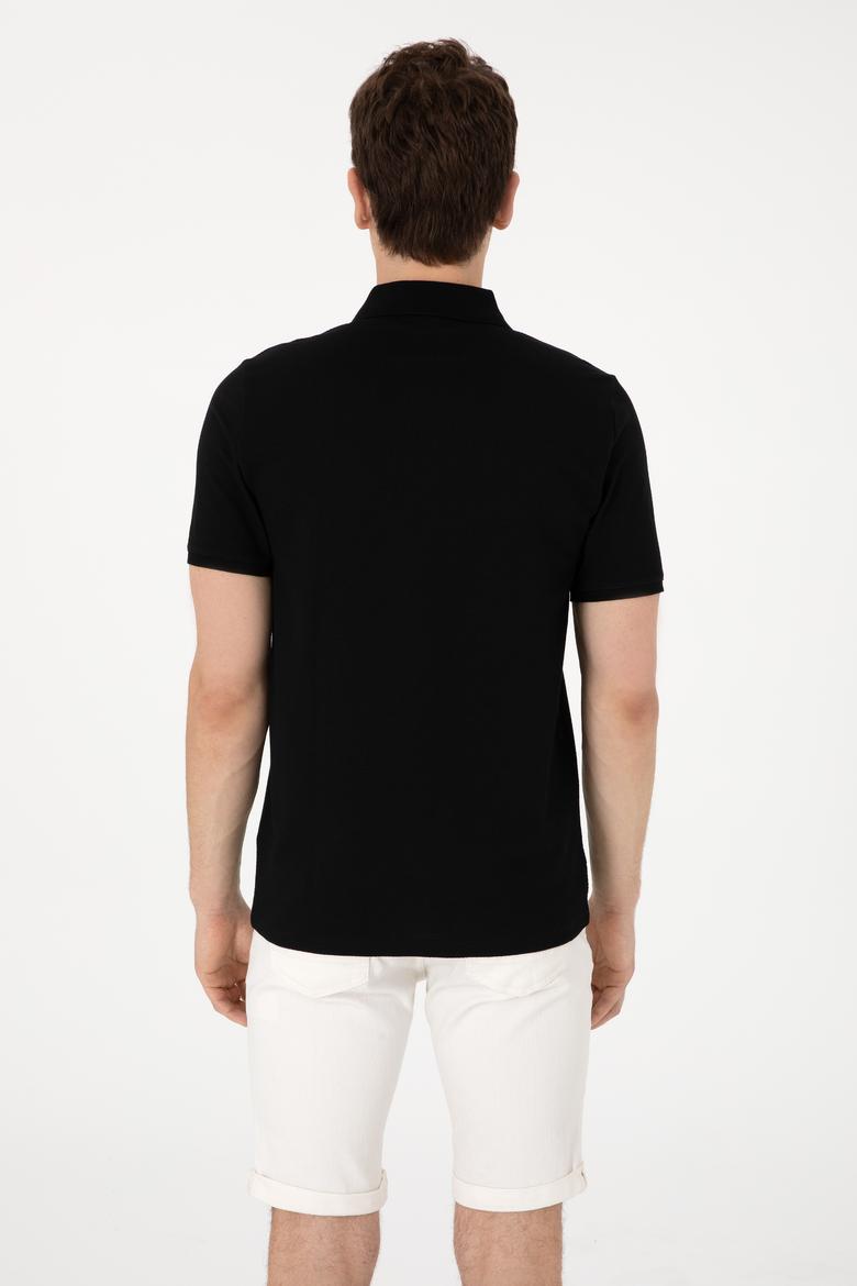 Erkek Regular Fit Fermuarlı Siyah Dokulu Tişört - 50306014029