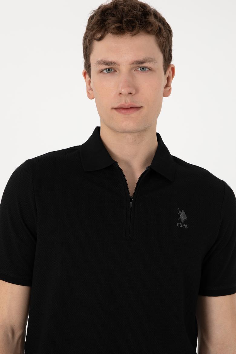 Erkek Regular Fit Fermuarlı Siyah Dokulu Tişört - 50306014029