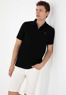 Erkek Regular Fit Fermuarlı Siyah Dokulu Tişört - 50306014029