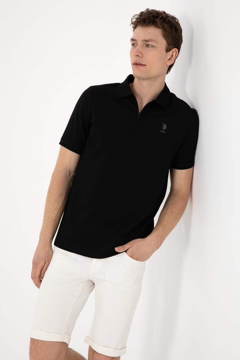 Erkek Regular Fit Fermuarlı Siyah Dokulu Tişört - 50306014029