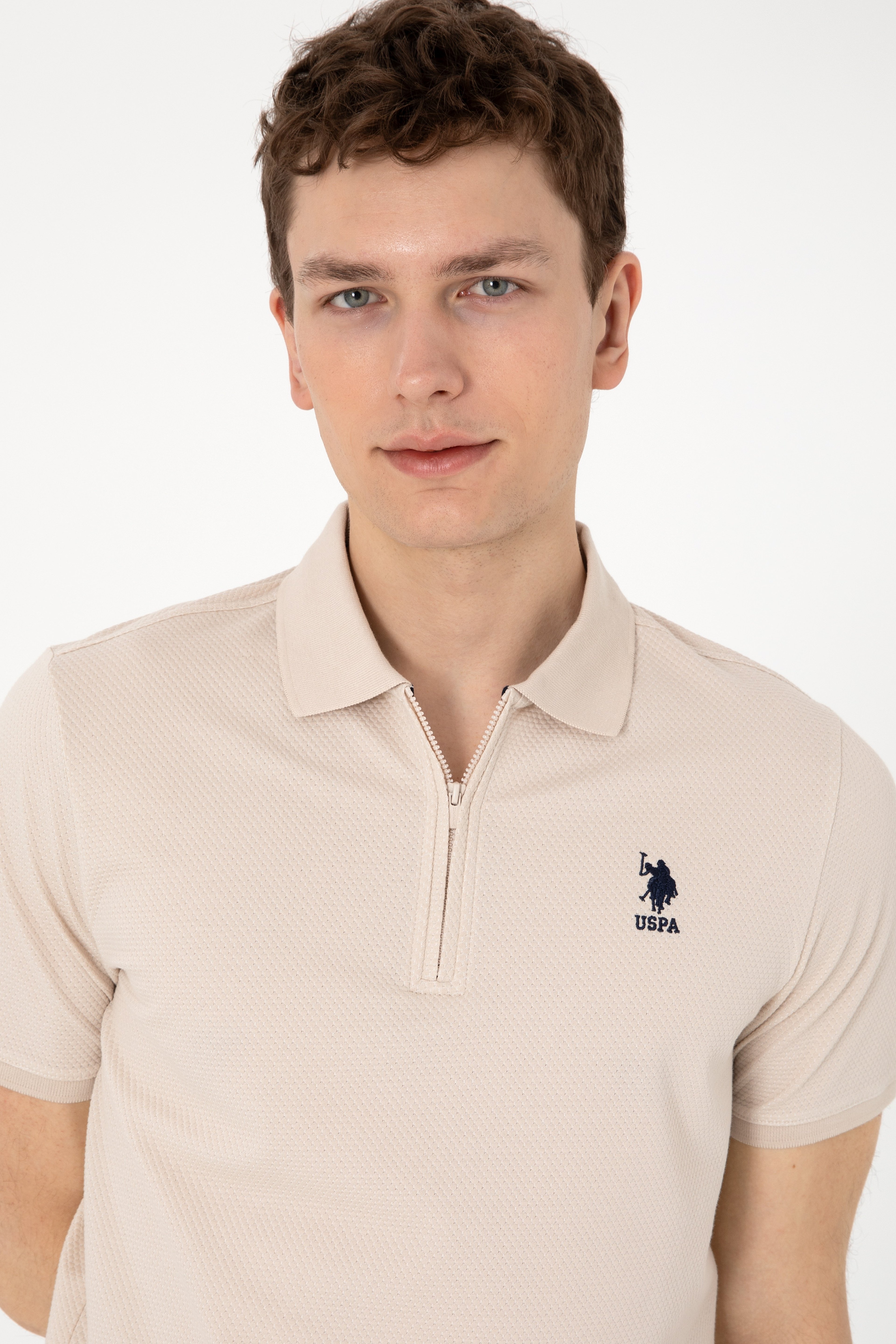 Erkek Regular Fit Fermuarlı Taş Dokulu Tişört - Image 2