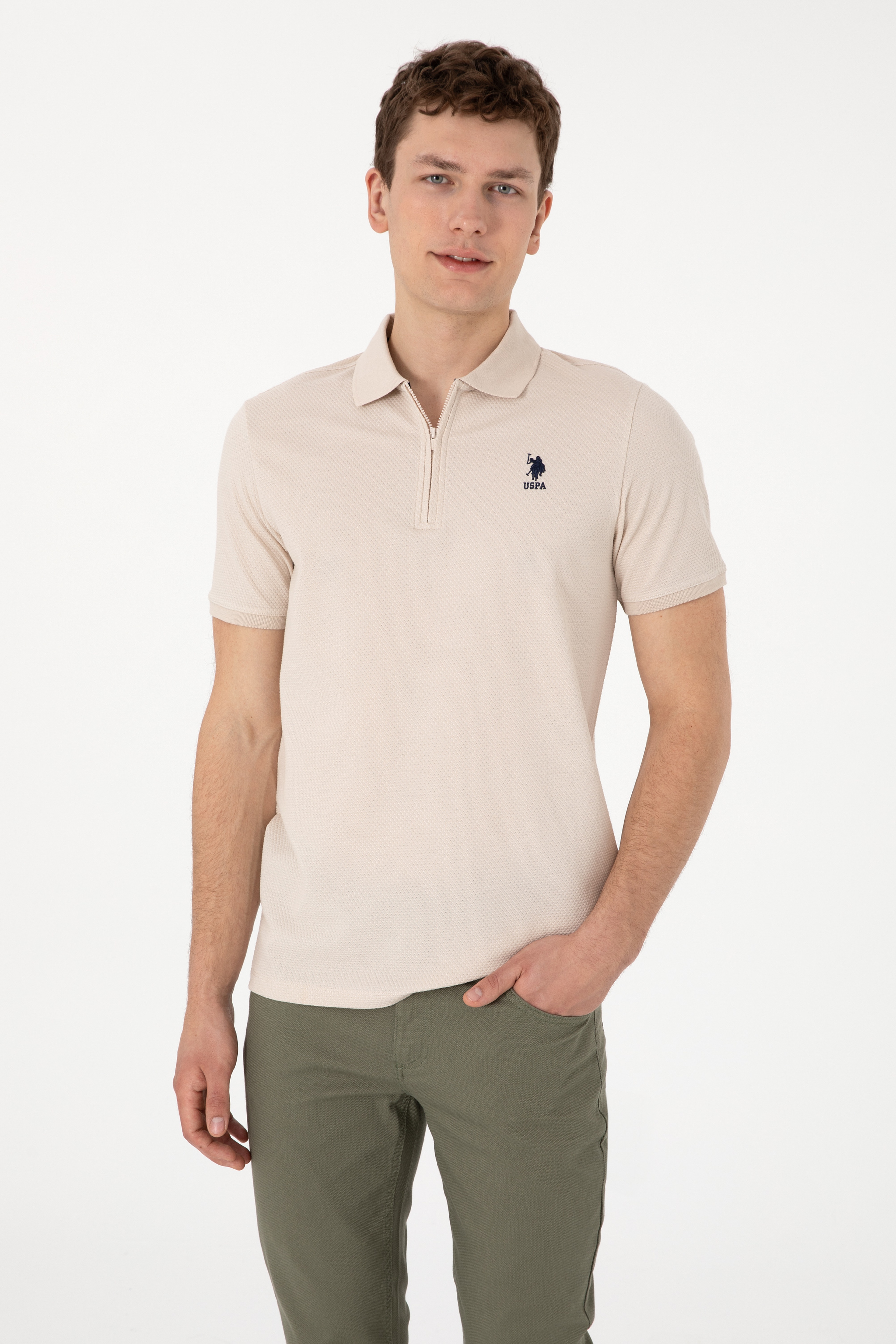 Erkek Regular Fit Fermuarlı Taş Dokulu Tişört - Image 1