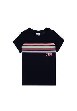 Kız Çocuk Siyah Bisiklet Yaka Renkli Çizgi Baskılı Pamuk Tişört - 50306253010