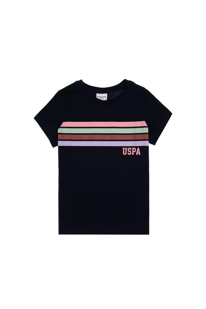 Kız Çocuk Siyah Bisiklet Yaka Renkli Çizgi Baskılı Pamuk Tişört
