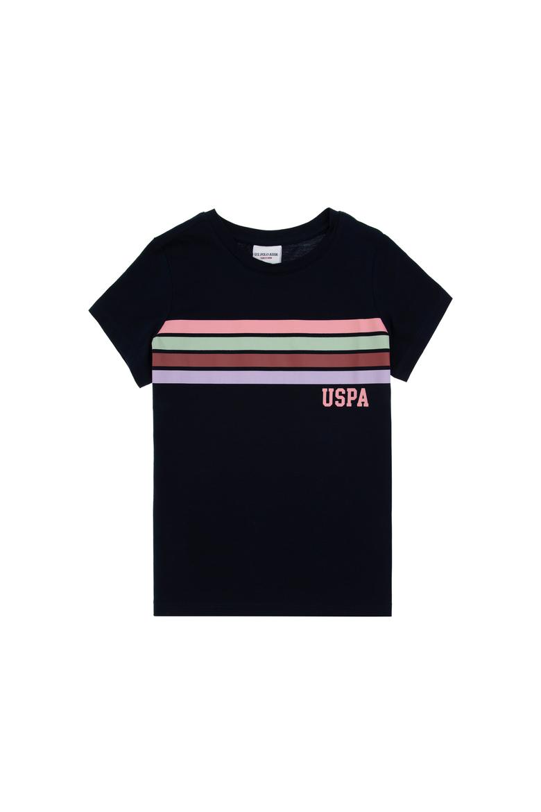 Kız Çocuk Siyah Bisiklet Yaka Renkli Çizgi Baskılı Pamuk Tişört