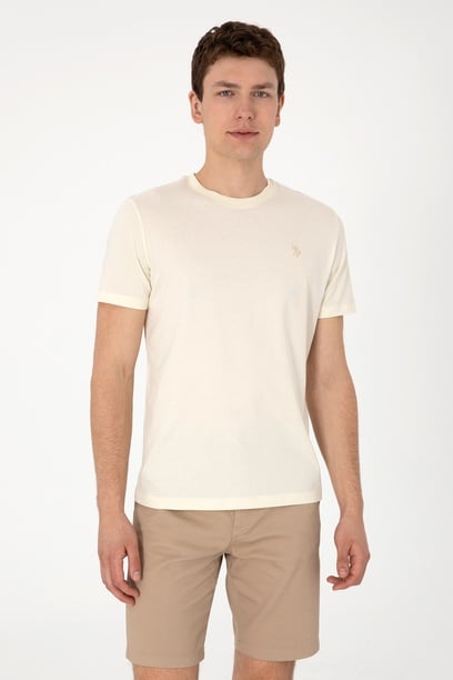 Erkek Regular Fit Bisiklet Yaka Krem Tişört