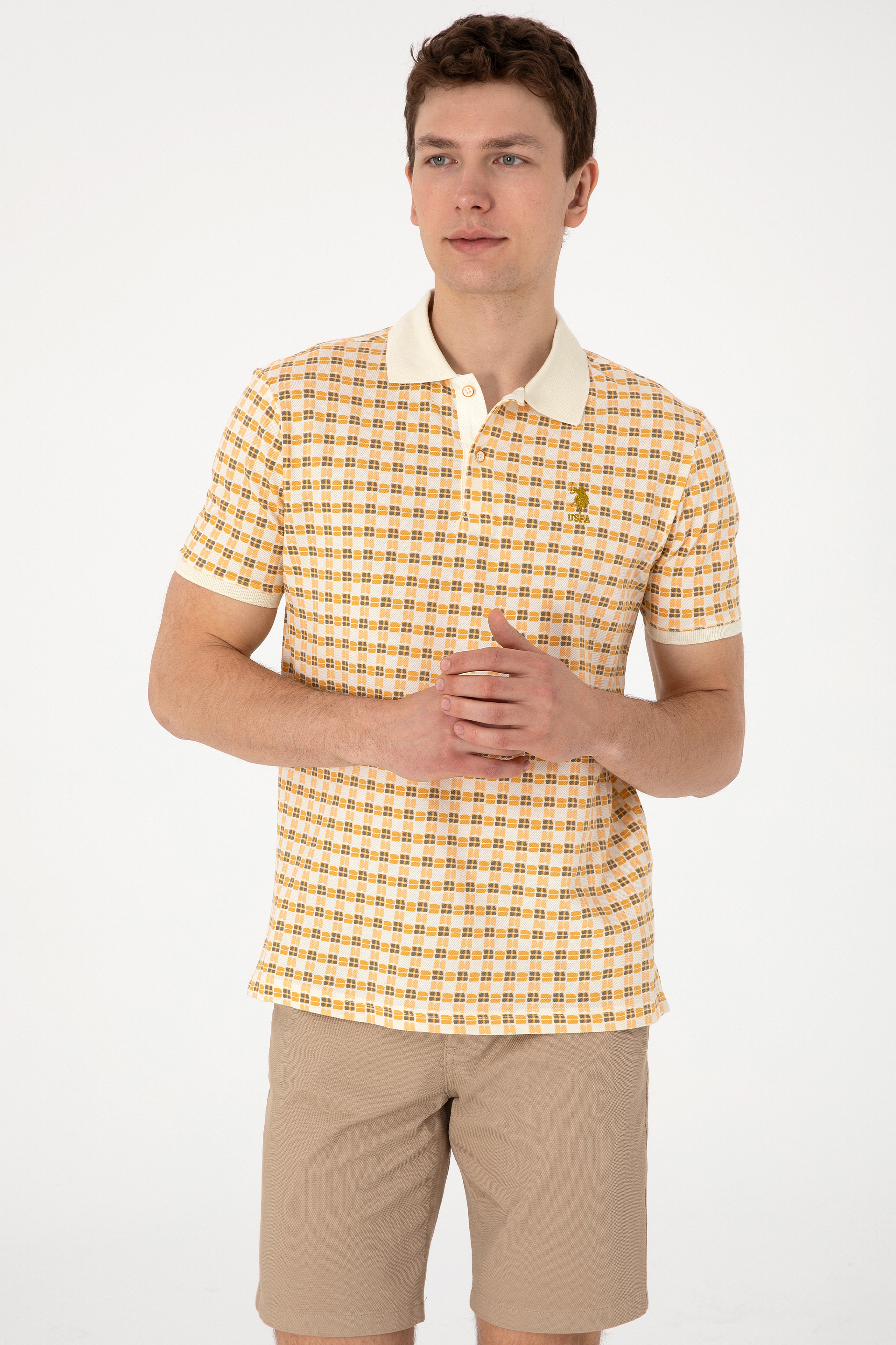 Erkek Regular Fit Polo Yaka Krem Desenli Tişört - Image 3