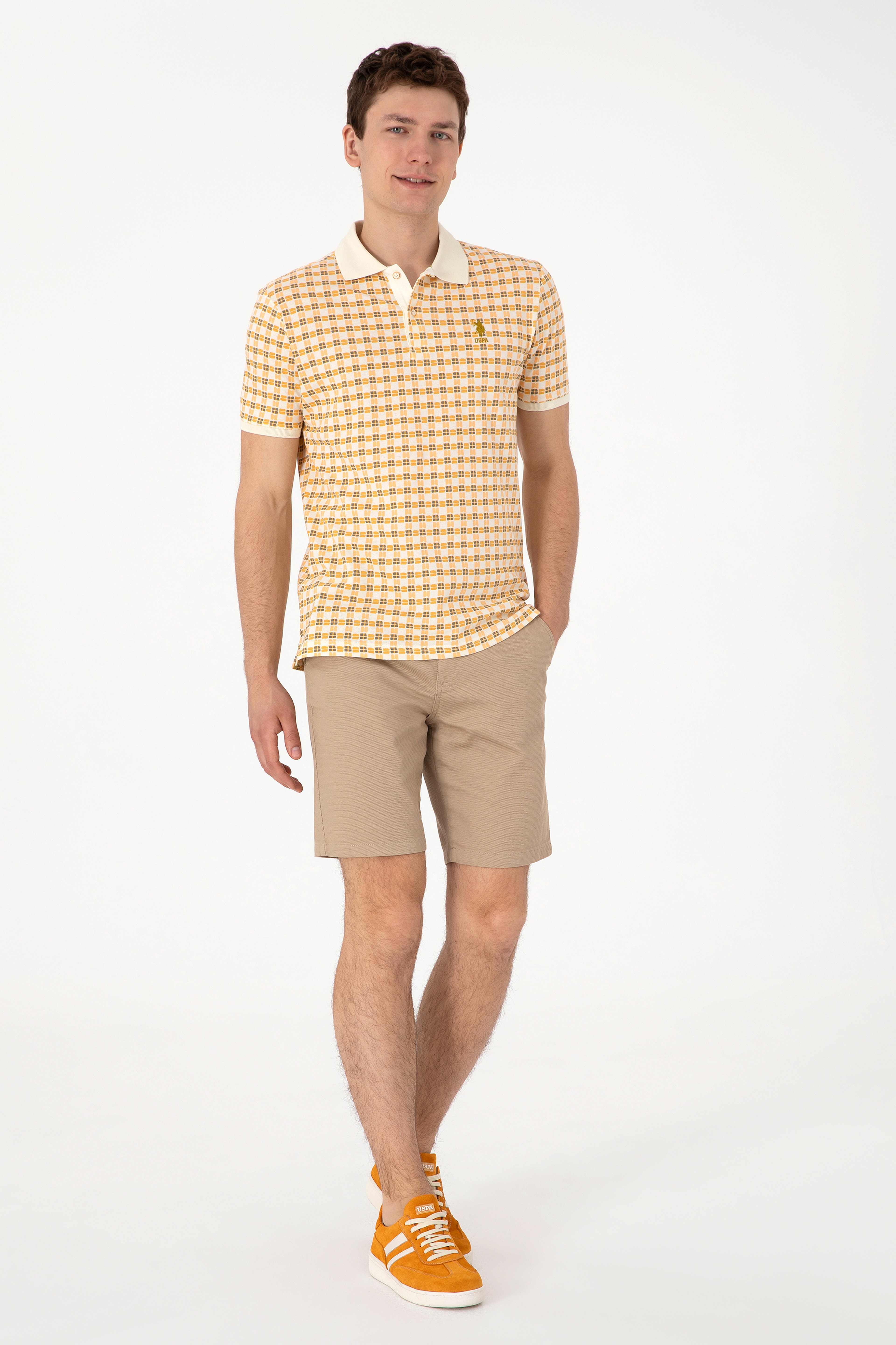 Erkek Regular Fit Polo Yaka Krem Desenli Tişört