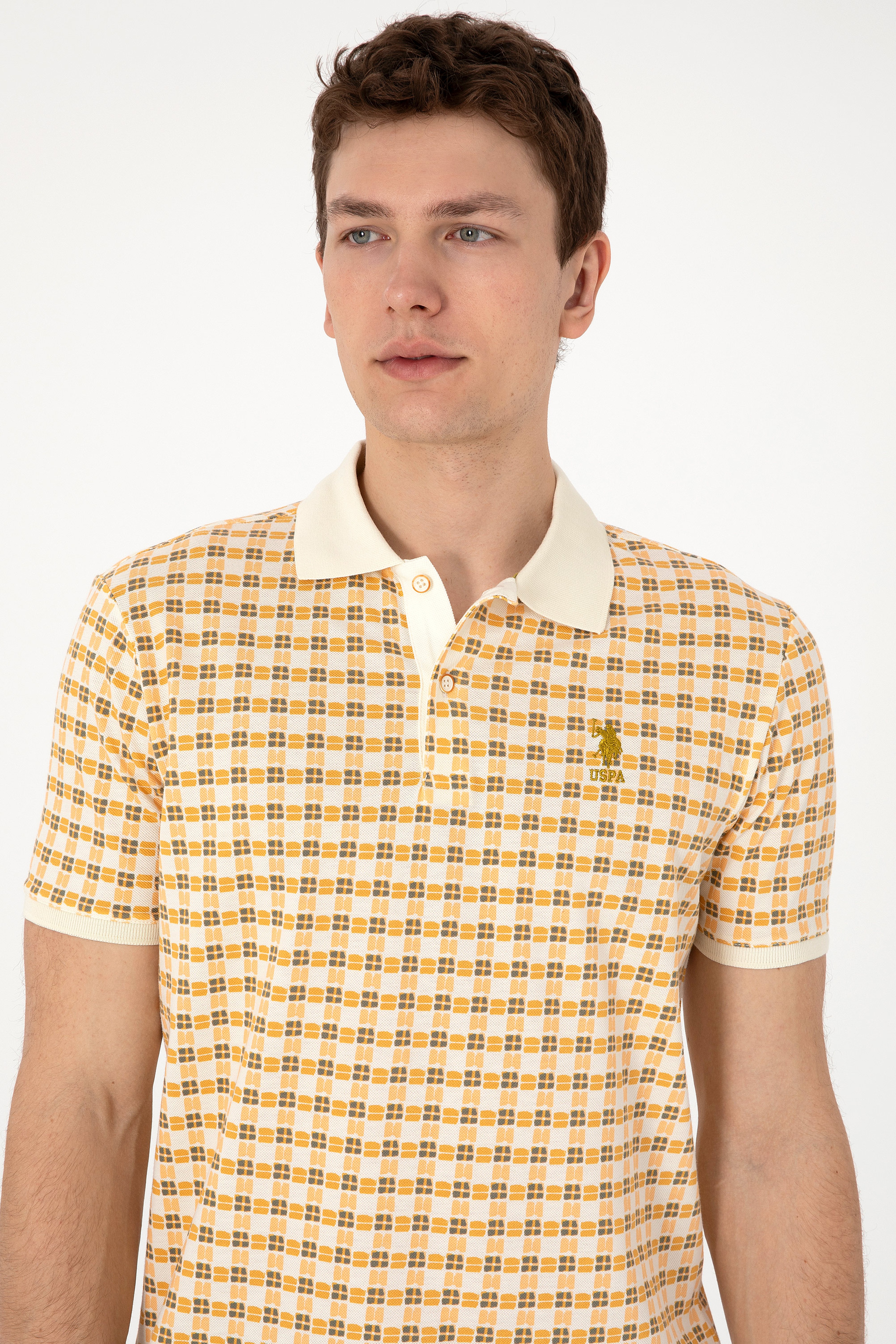 Erkek Regular Fit Polo Yaka Krem Desenli Tişört - Image 2