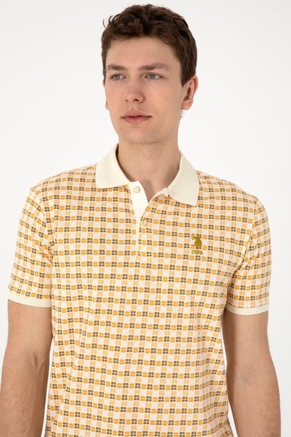 Erkek Regular Fit Polo Yaka Krem Desenli Tişört