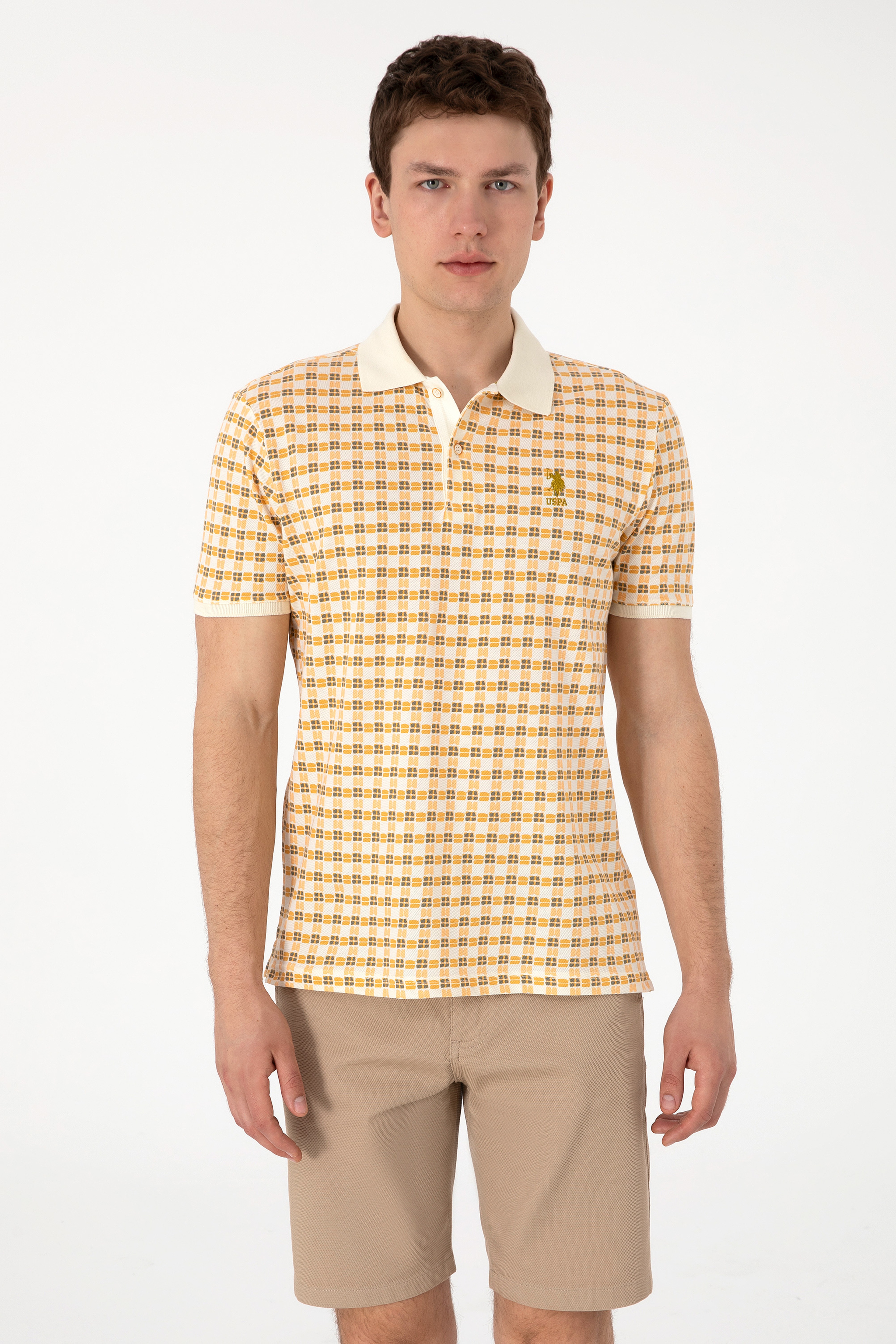 Erkek Regular Fit Polo Yaka Krem Desenli Tişört