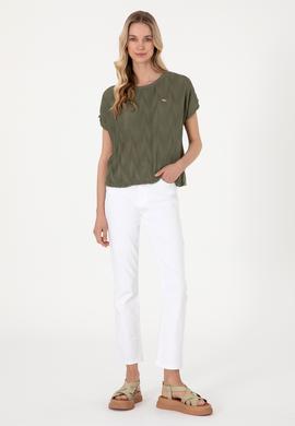 Kadın Koyu Haki Bisiklet Yaka Tişört - 50300776021