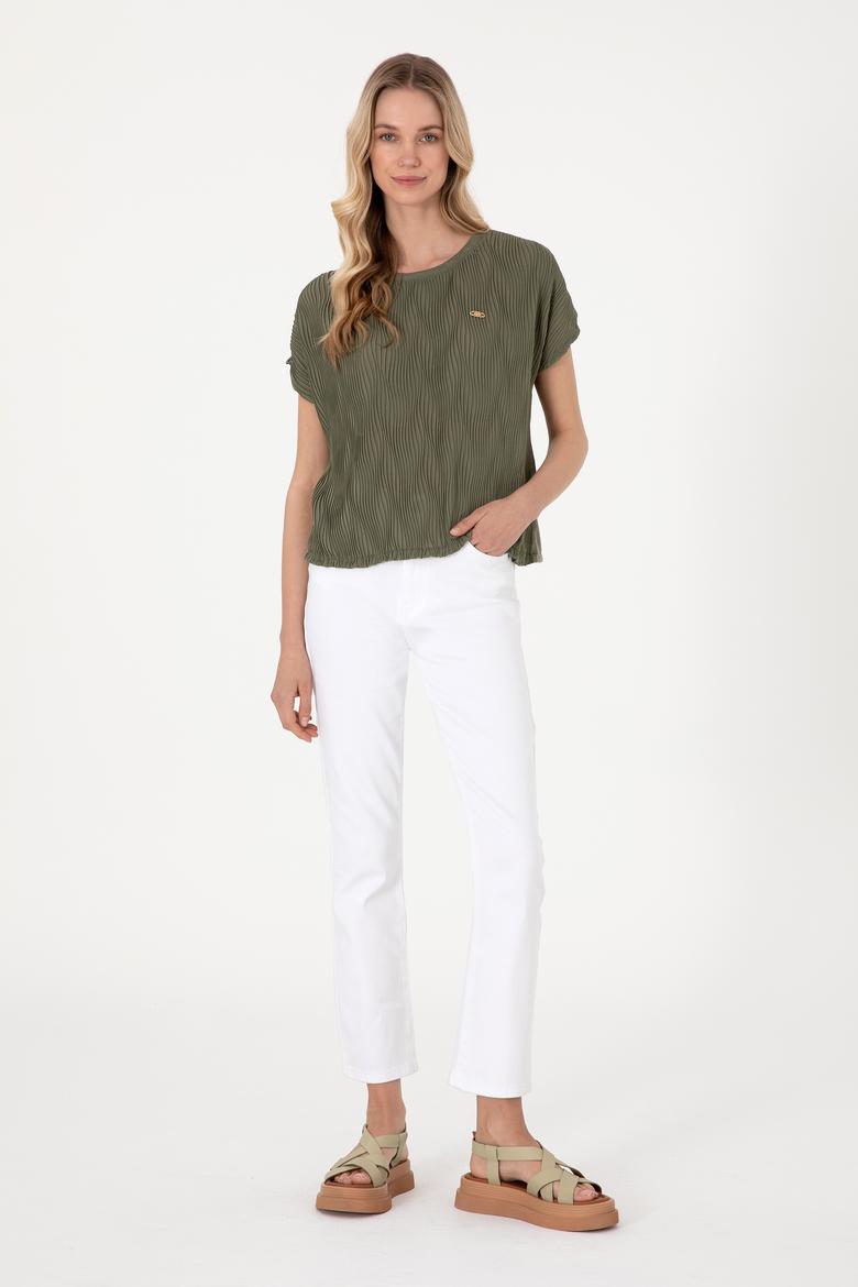 Kadın Koyu Haki Bisiklet Yaka Tişört - 50300776021