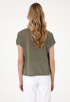 Kadın Koyu Haki Bisiklet Yaka Tişört - 50300776021