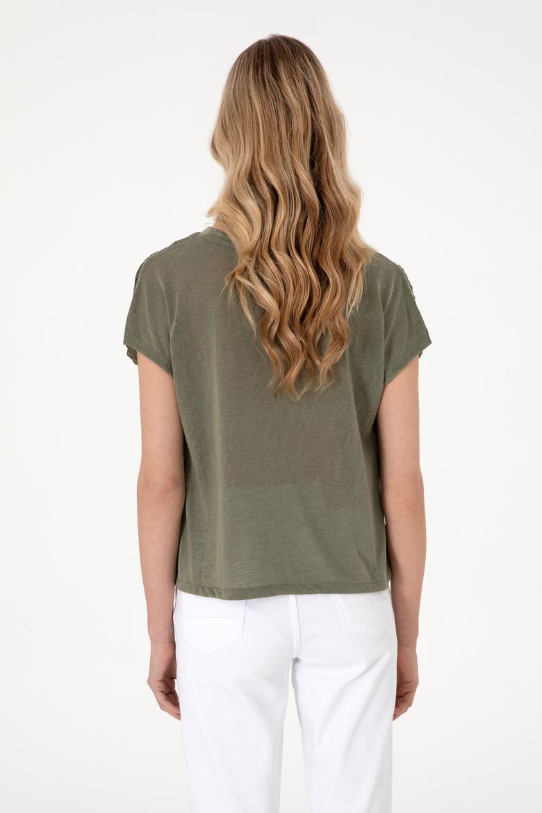 Kadın Koyu Haki Bisiklet Yaka Tişört - 50300776021
