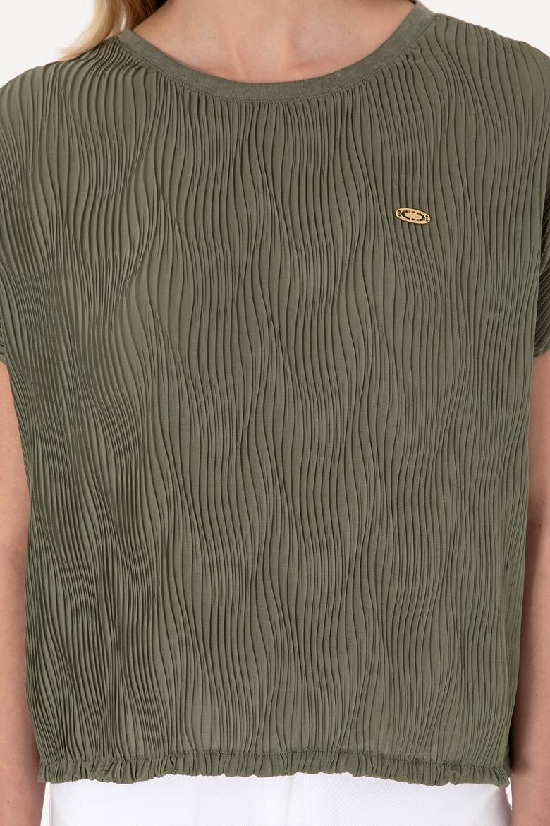 Kadın Koyu Haki Bisiklet Yaka Tişört - 50300776021