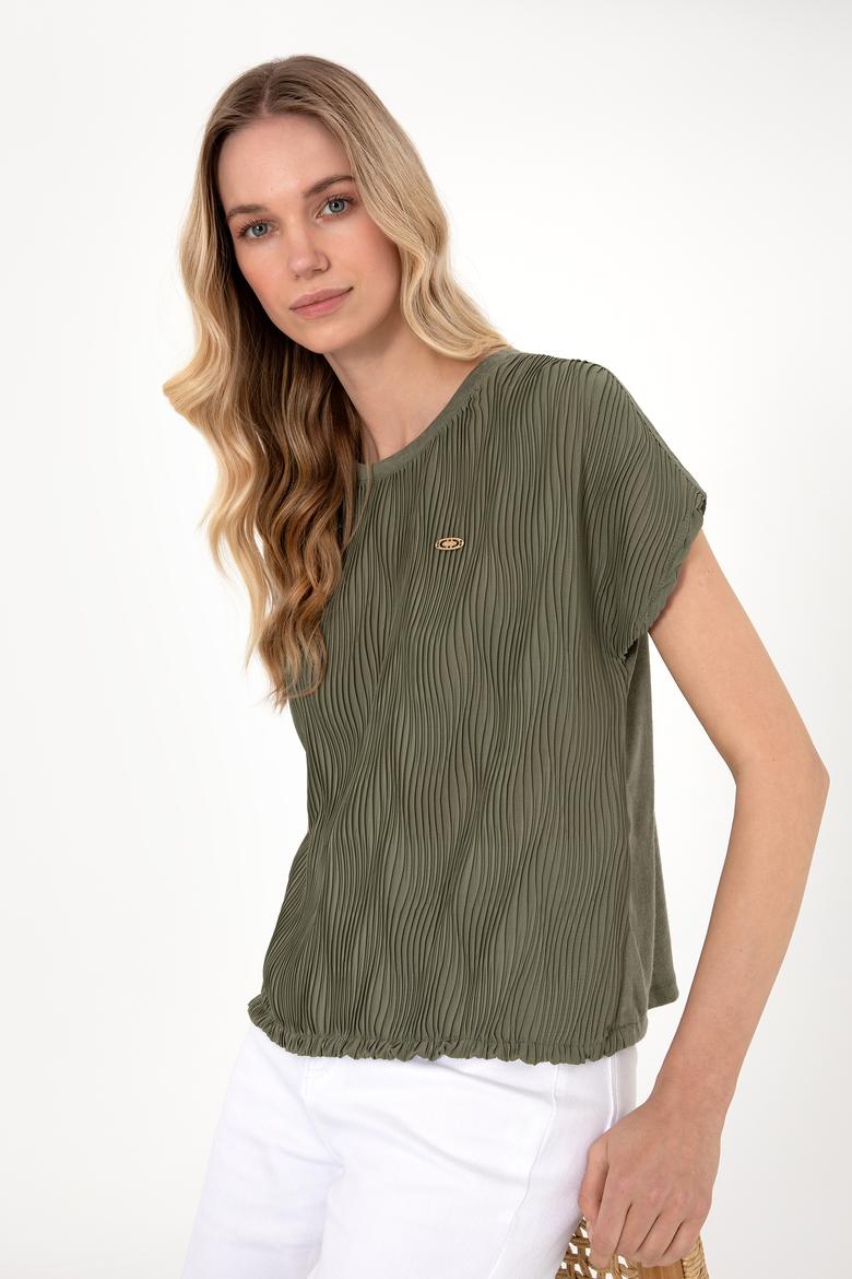 Kadın Koyu Haki Bisiklet Yaka Tişört - 50300776021