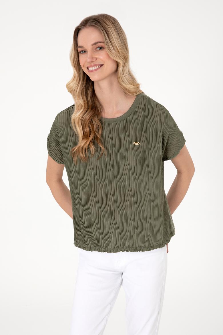 Kadın Koyu Haki Bisiklet Yaka Tişört - 50300776021
