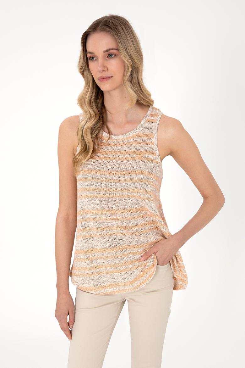 Kadın Turuncu Çizgili Kolsuz Bisiklet Yaka Tişört - 50300736011