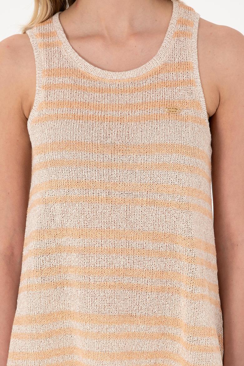 Kadın Turuncu Çizgili Kolsuz Bisiklet Yaka Tişört - 50300736011