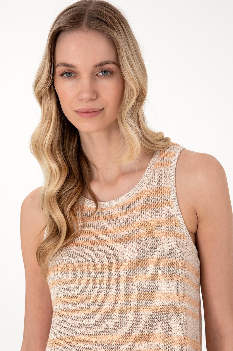 Kadın Turuncu Çizgili Kolsuz Bisiklet Yaka Tişört