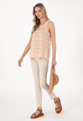 Kadın Turuncu Çizgili Kolsuz Bisiklet Yaka Tişört - 50300736011