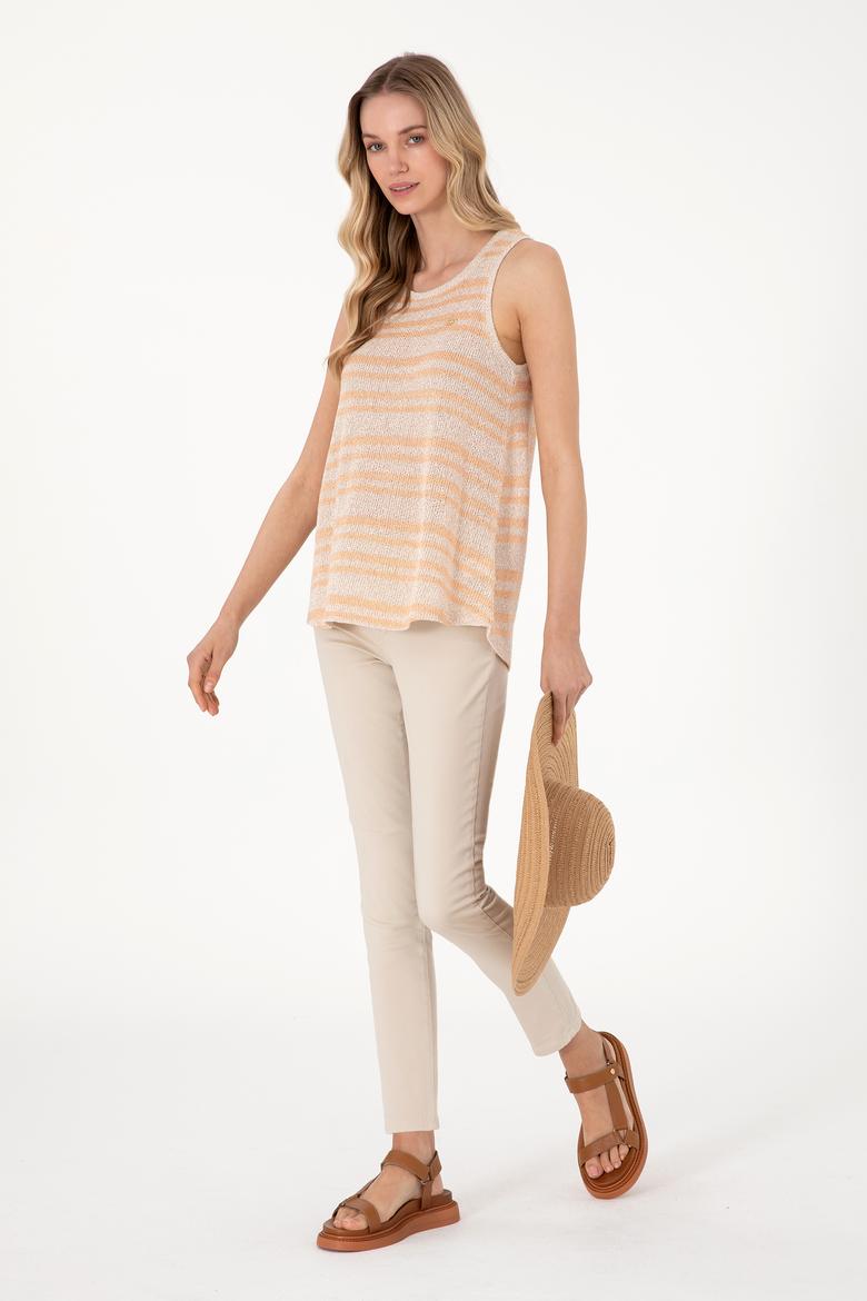 Kadın Turuncu Çizgili Kolsuz Bisiklet Yaka Tişört - 50300736011