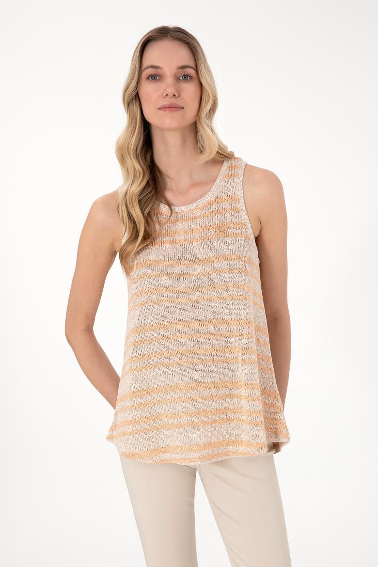 Kadın Turuncu Çizgili Kolsuz Bisiklet Yaka Tişört